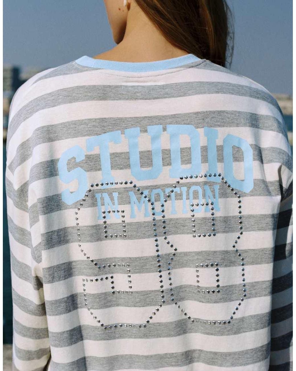 Pull&Bear Blue Oversize Graphic Striped T-Shirt