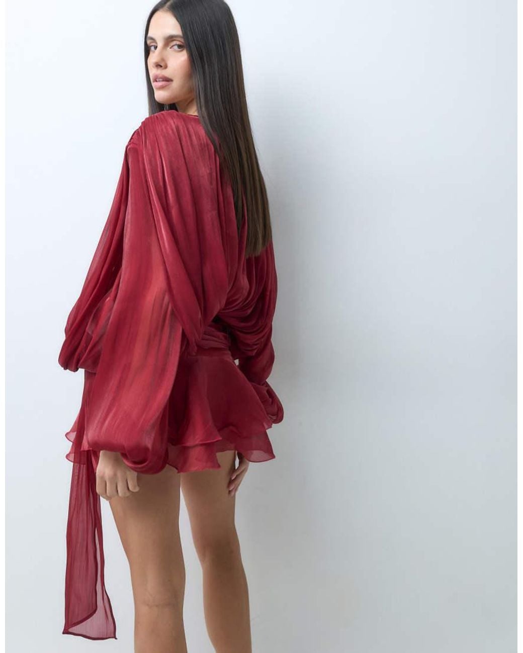 Lioness Red Exclusive Elements High Sheen Chiffon Drape Detail Balloon Sleeve Tie Waist Mini Dress