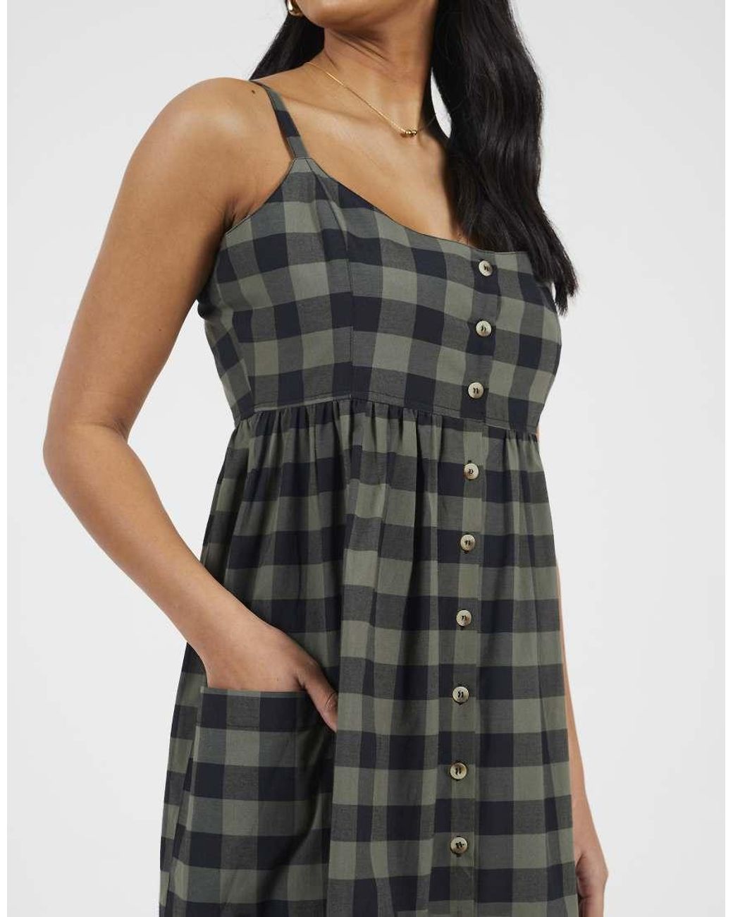 Brave Soul Green Button Down Strappy Plaid Midi Dress With Pockets