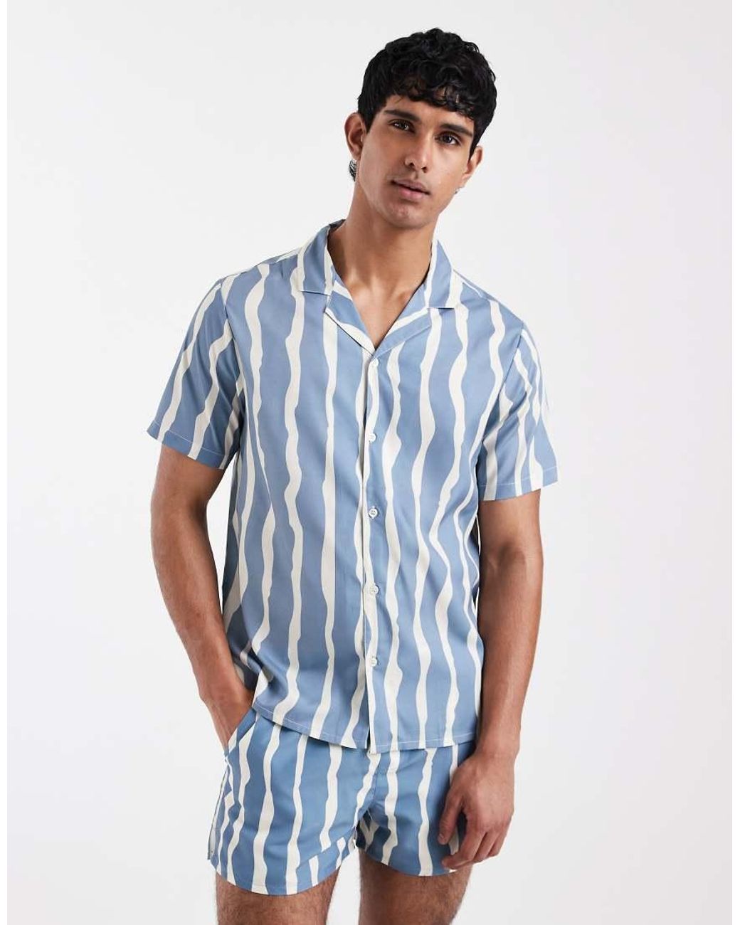 Aray Blue Wavy Stripe Beach Shirt for men