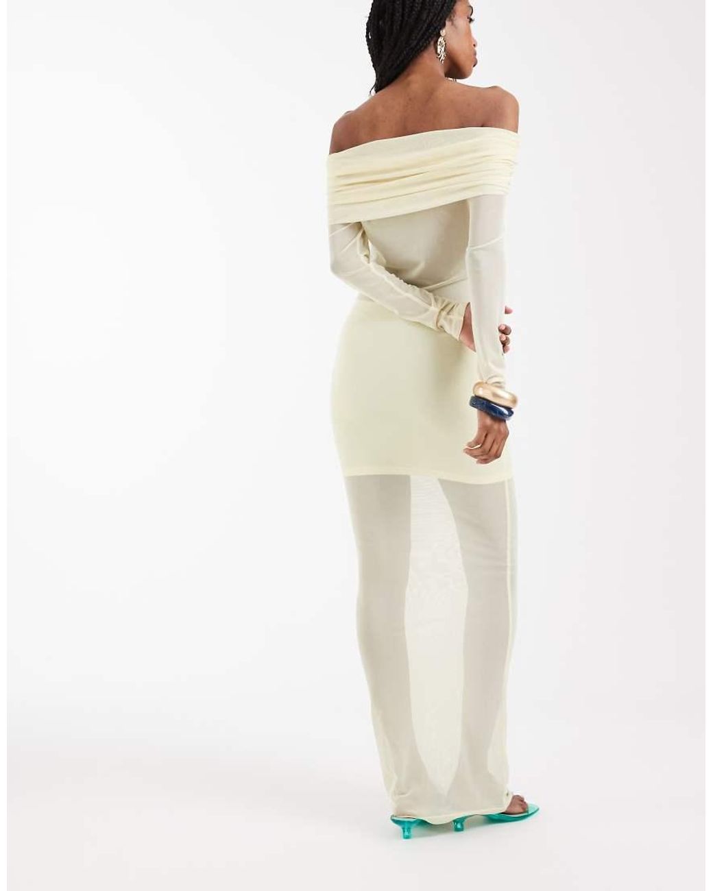 Aria Cove White Mesh Bardot Long Sleeve Exposed Panel & Sheer Hem Maxi Dress