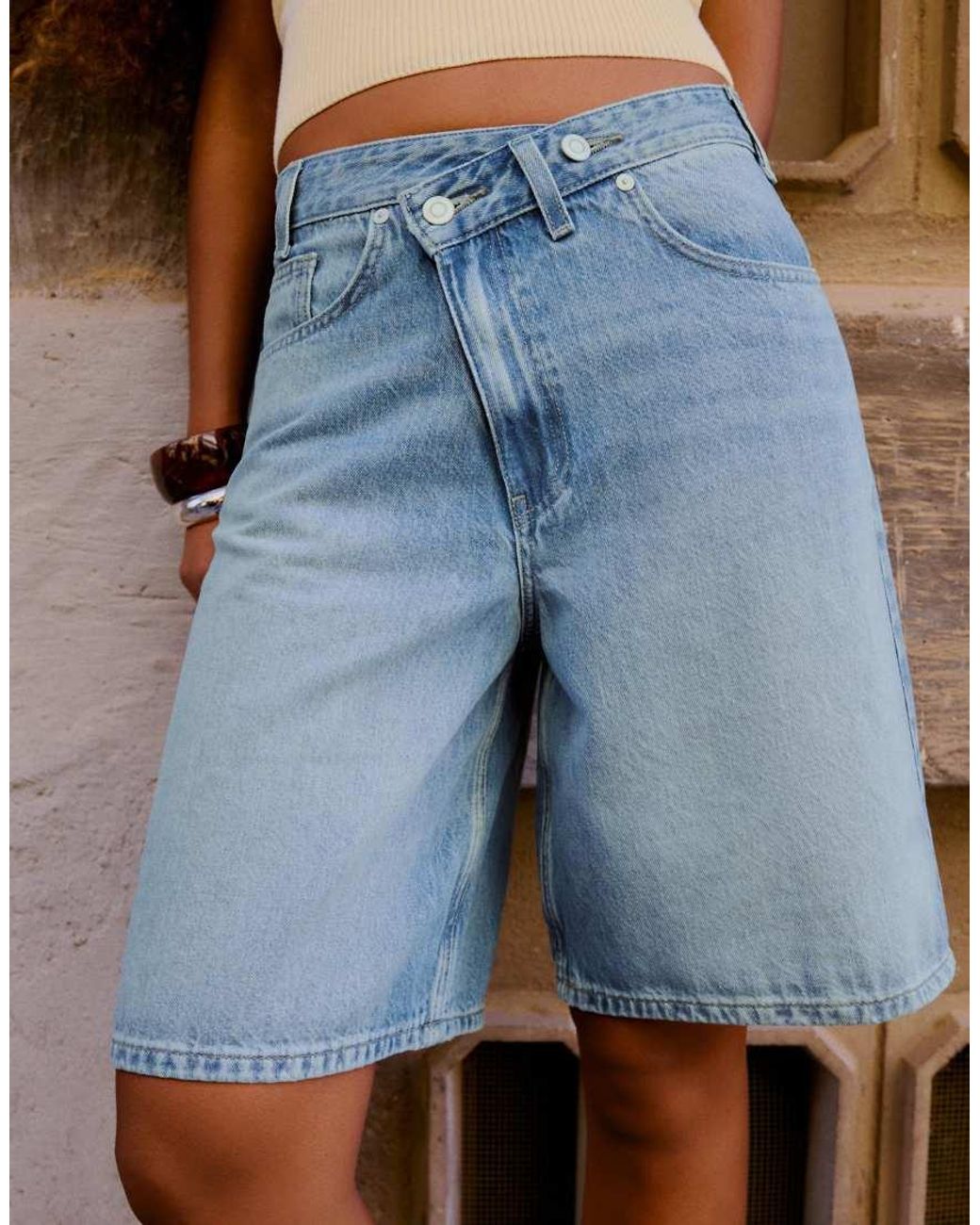 Bershka Brown Crossover Waist Denim Bermuda Shorts