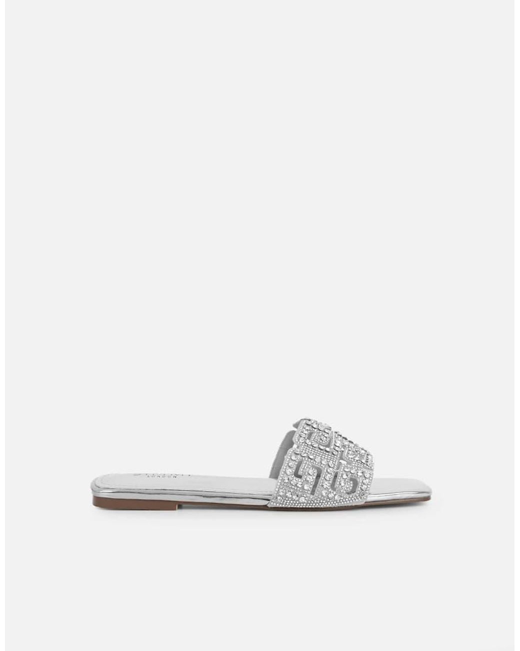 SIMMI White Rania Mirror Diamante Patterned Flats Sandals
