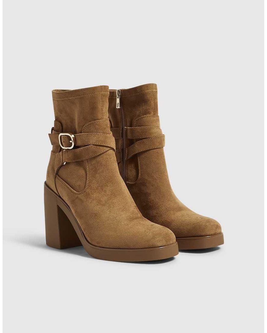 River Island Brown Faux Suede Chunky Buckle Ankle Boots