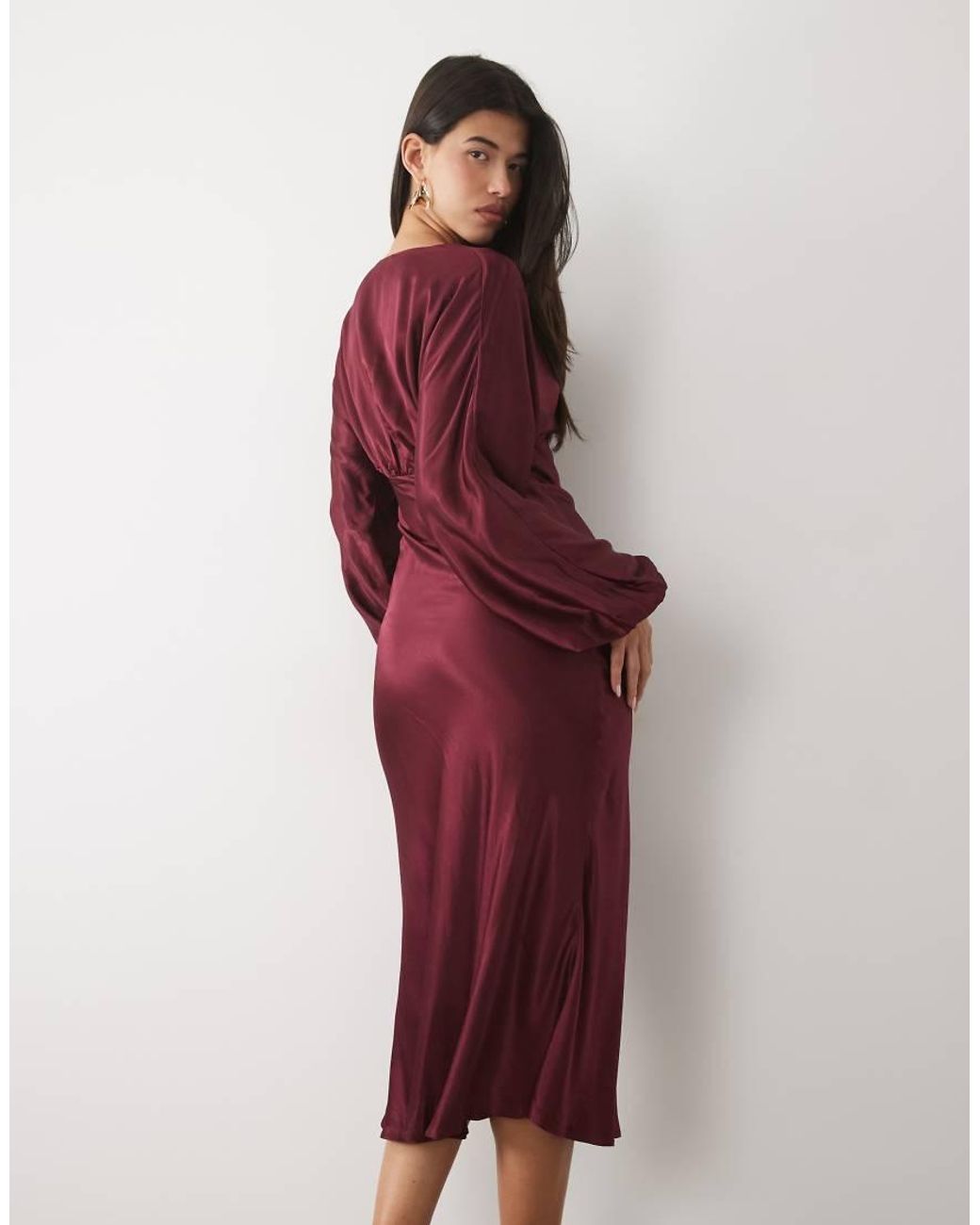 Nobody's Child Red Allura Satin Plunge Neck Blouson Sleeve Midi Dress