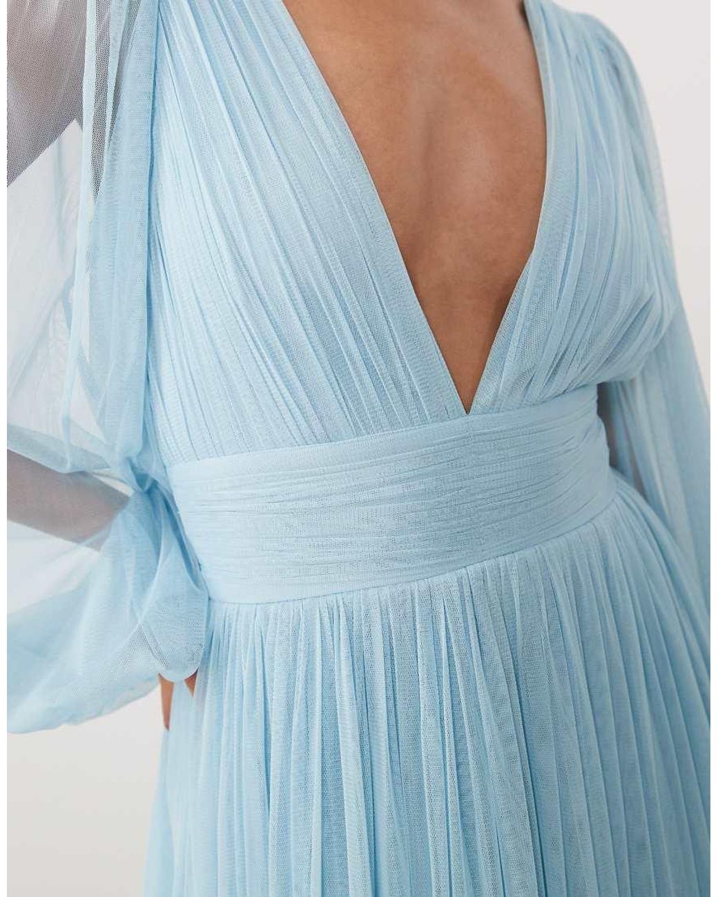 LACE & BEADS Blue Bridesmaid Madison Smocked Plunge Neck Sheer Sleeve Maxi Dress