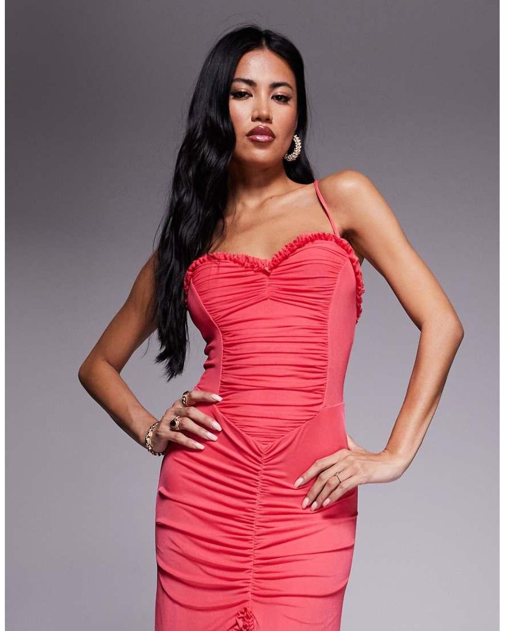 AFRM Red Micro Ruffle Mesh High Low Maxi Dress