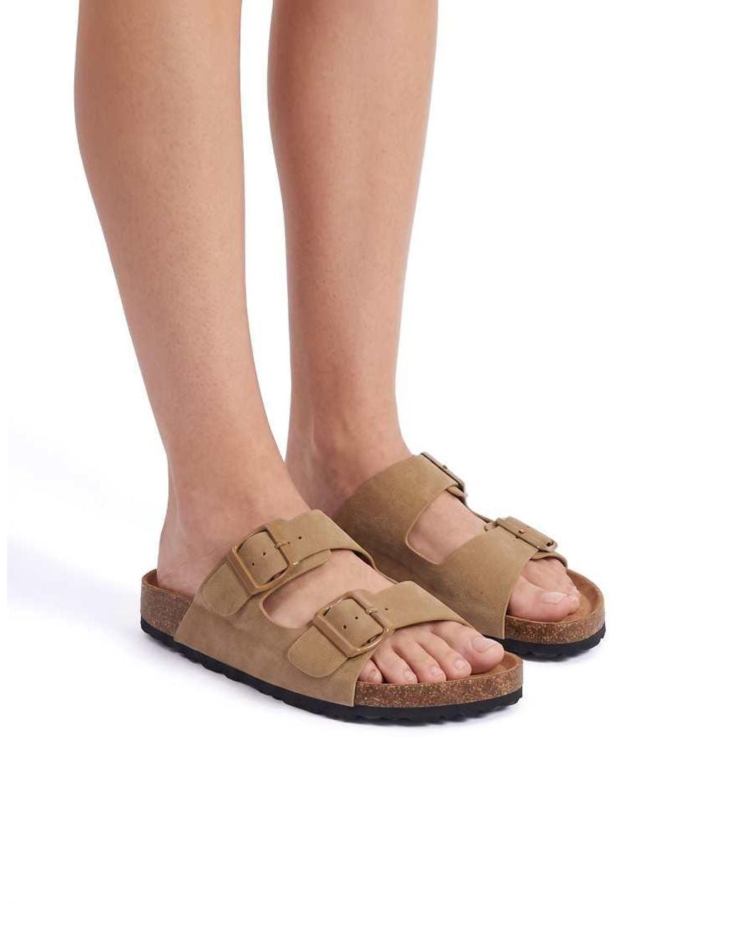 SEQWL Brown Footbed Sandals Flat Open Toe With Two Buckle Straps