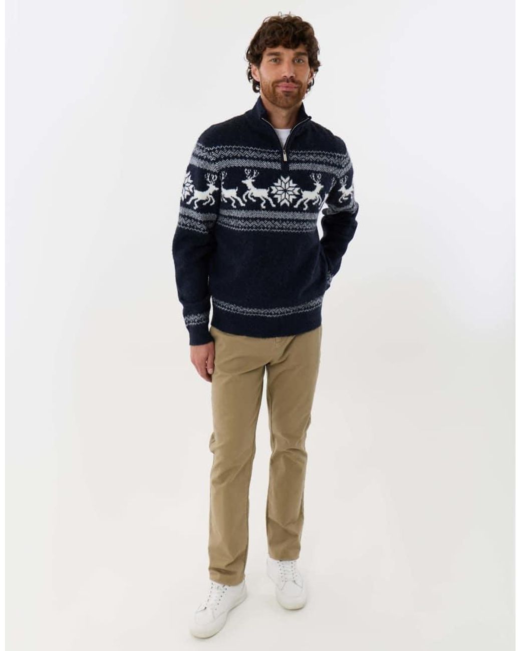 Threadbare Blue Fairisle Knitted Quarter Zip Christmas Jumper for men