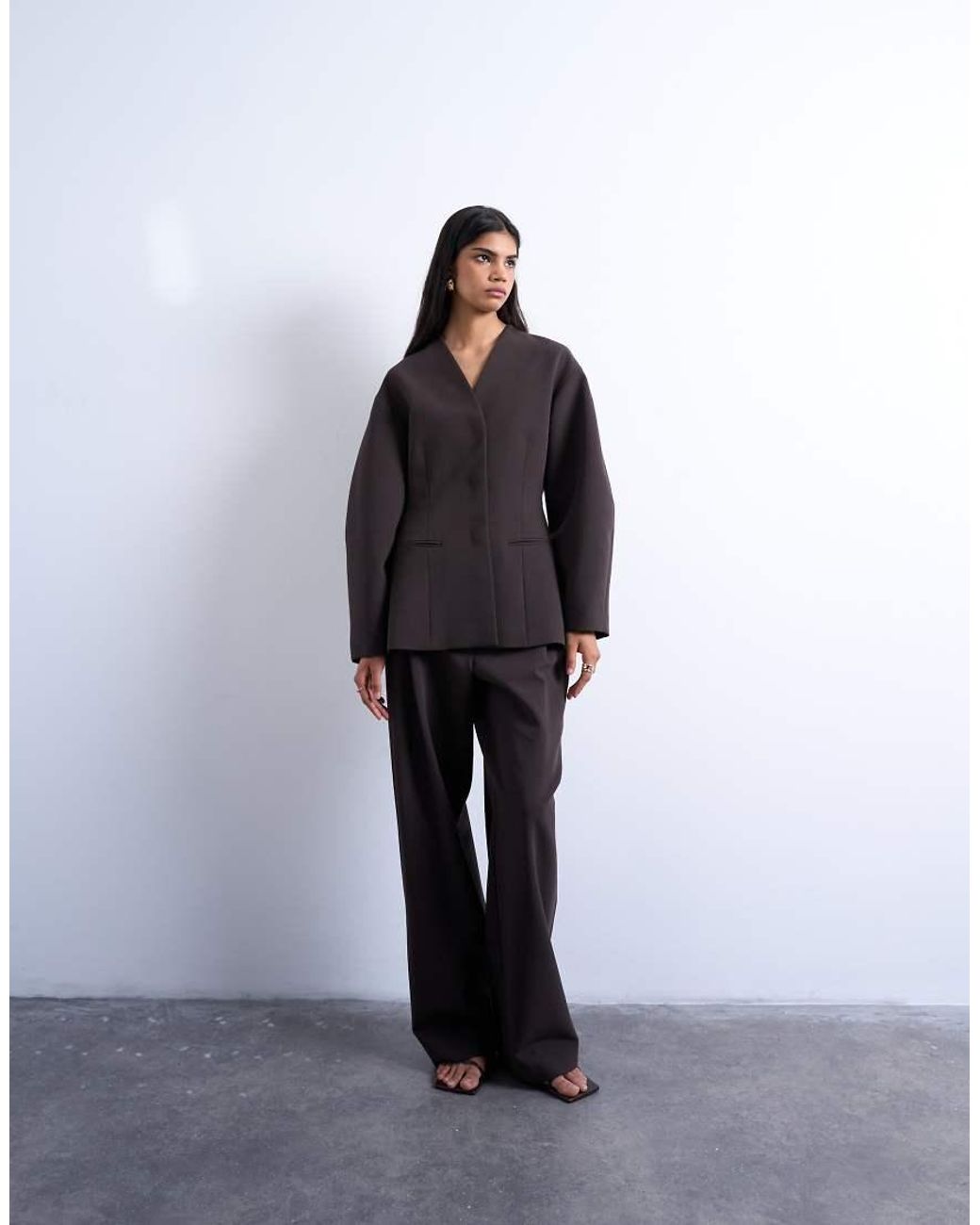 TOPSHOP Blue Ovoid Collarless Suit Blazer