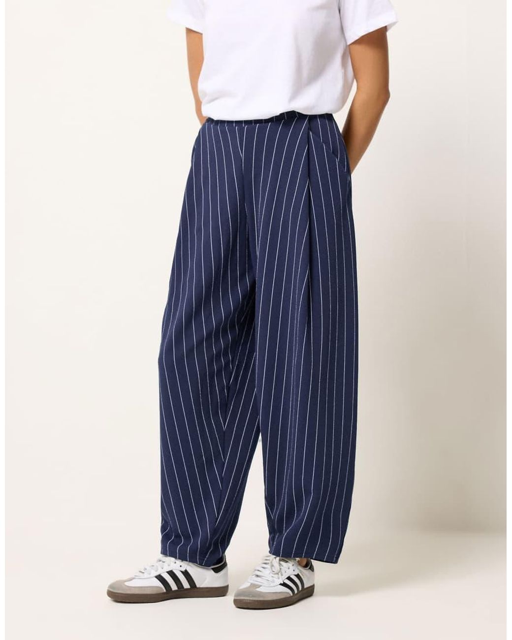 PixieGirl Blue Petite Stripe Barrel Leg Trousers