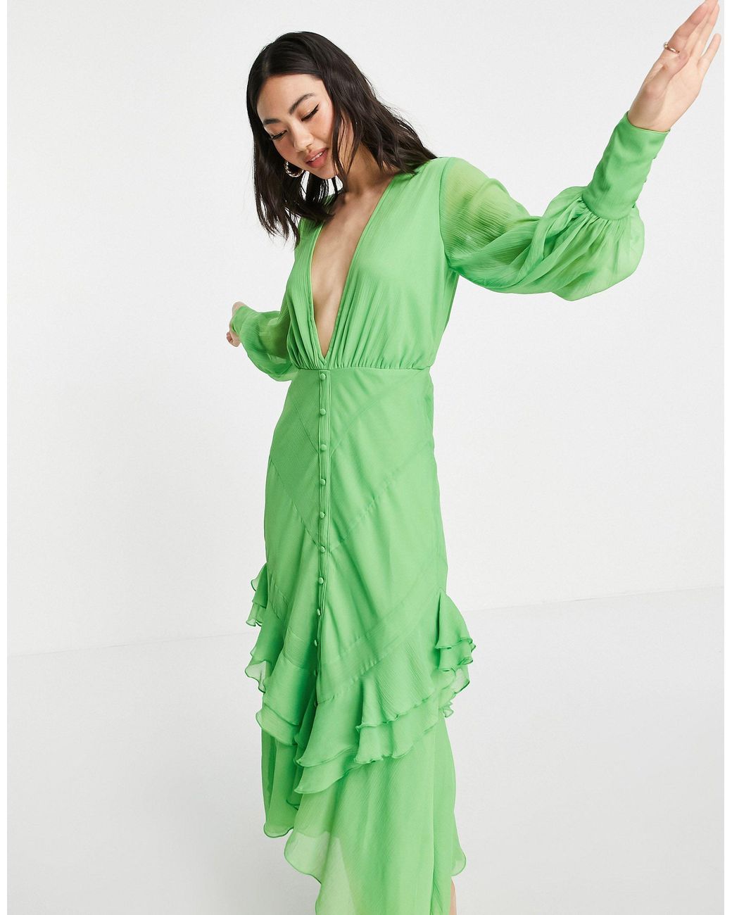 ASOS Plunge Front Button Front Midi Dress With Long Sleeve And Ruffle Skrit  in Green | Lyst