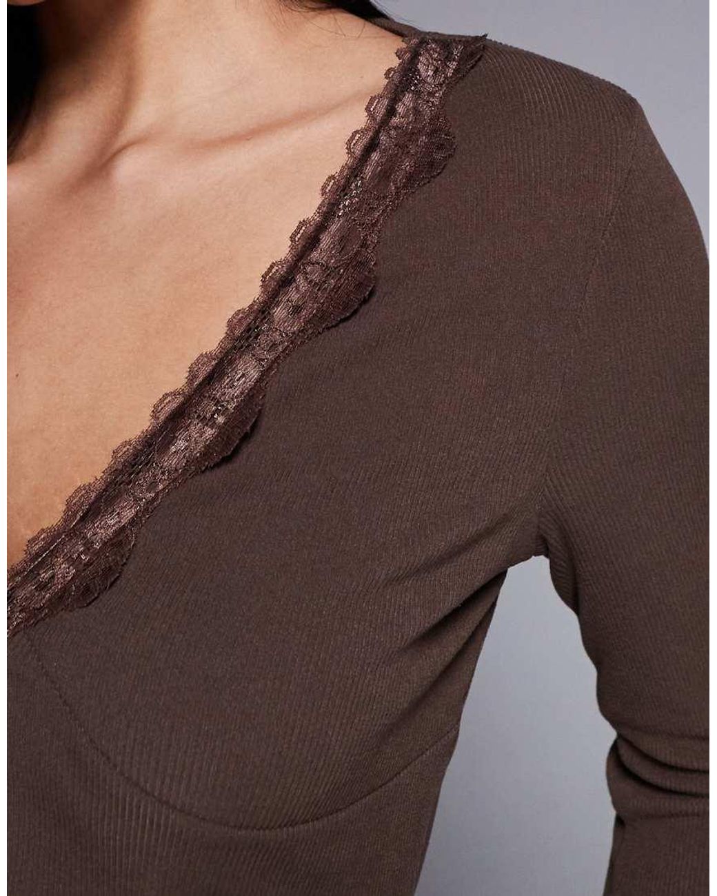 ASOS Gray Soft Rib Flared Sleeve Lace Trim Tie Detail