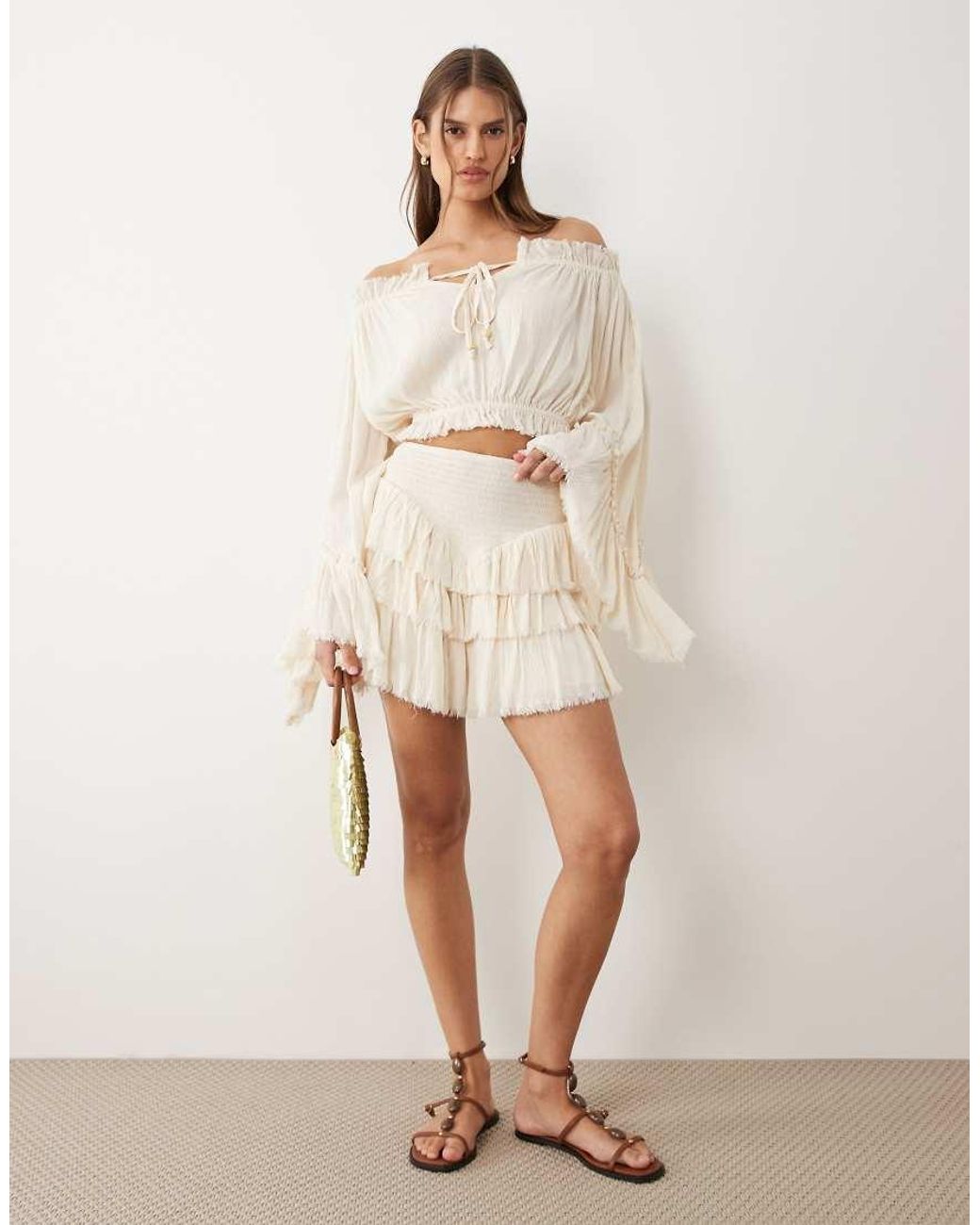 Miss Selfridge Natural Off Shoulder Boho Blouse With Fluted Sleeves