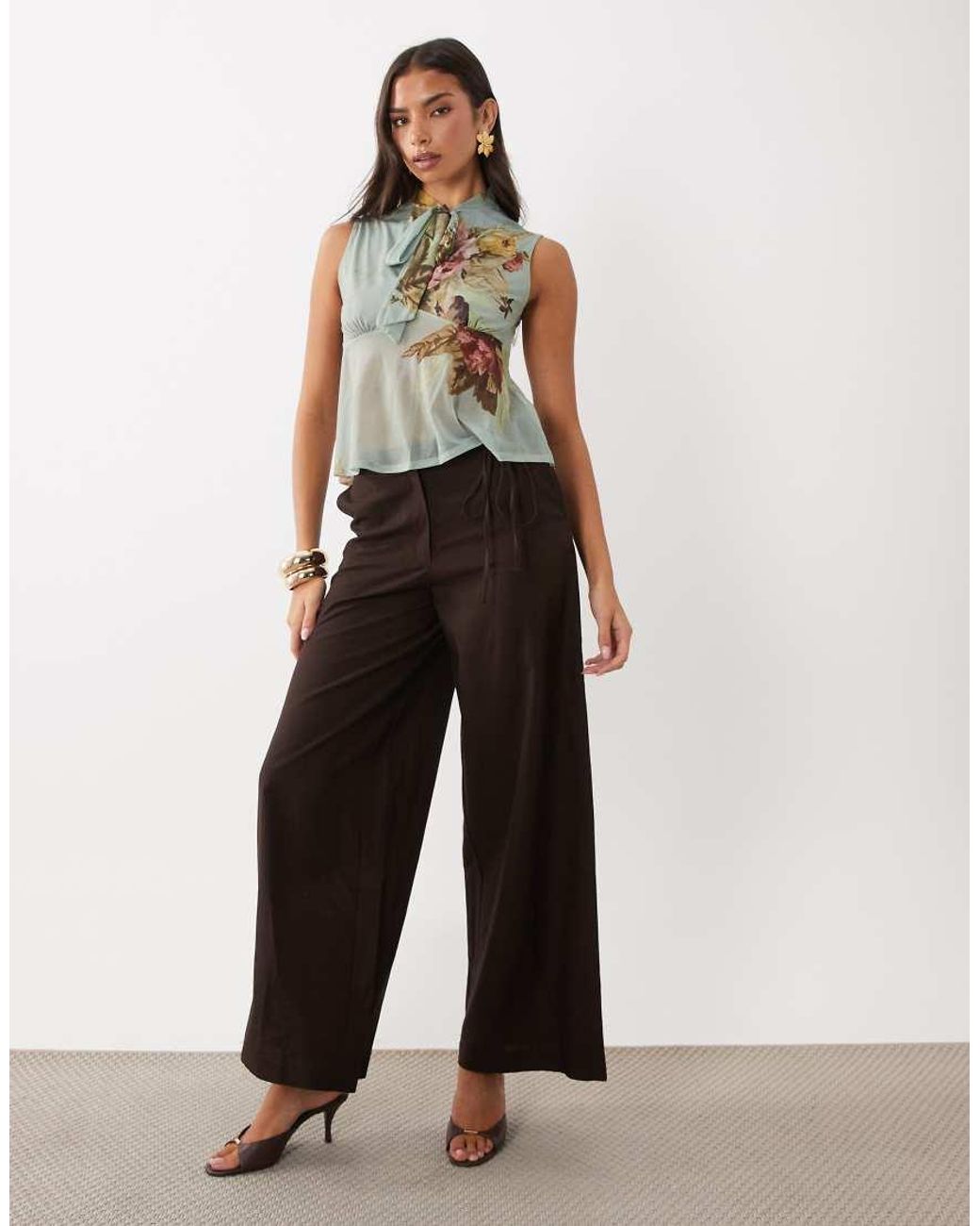 ASOS Brown Printed Stretch Chiffon Bow Detail Blouse