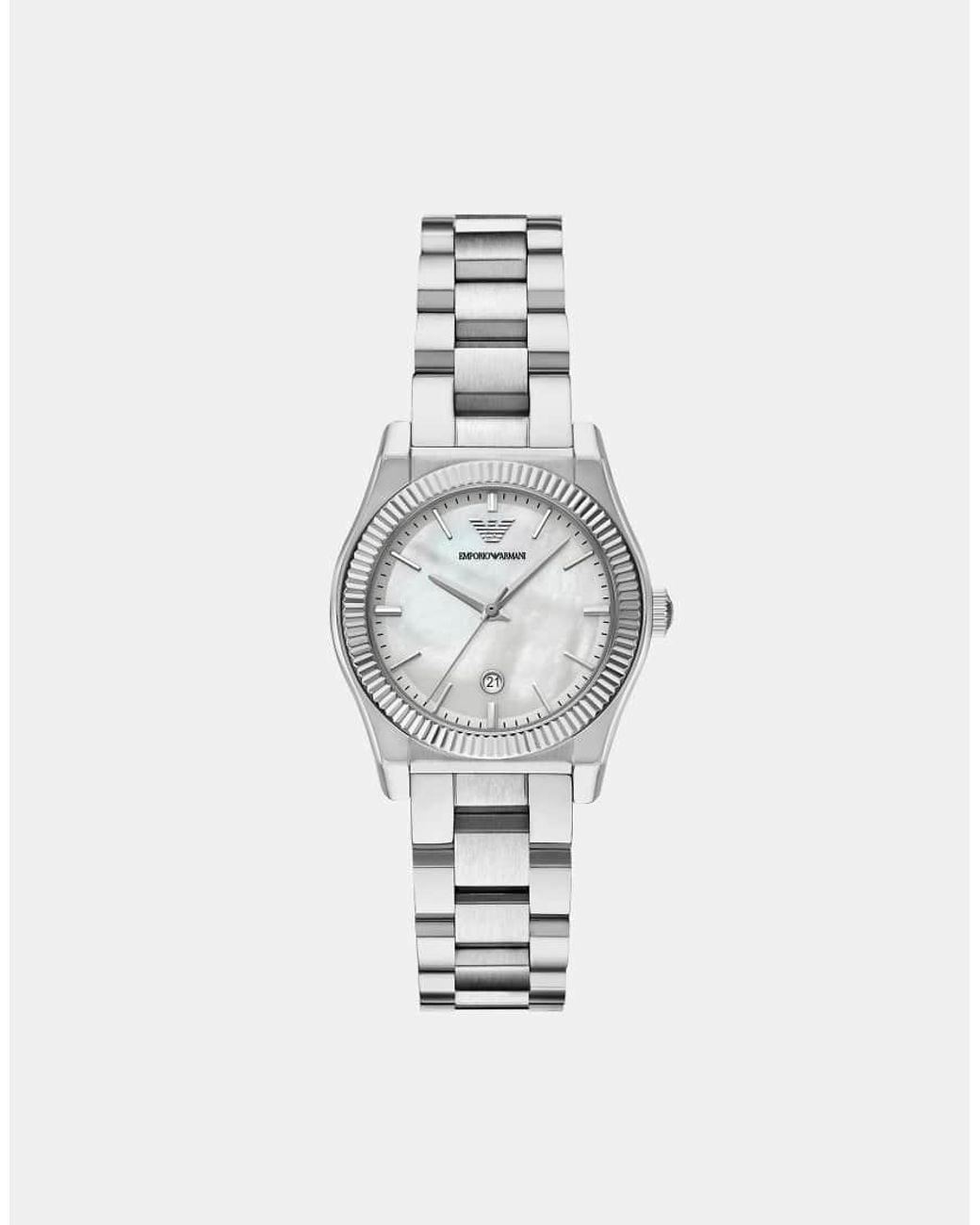 Emporio Armani White Three-Hand Stainless Steel Watch
