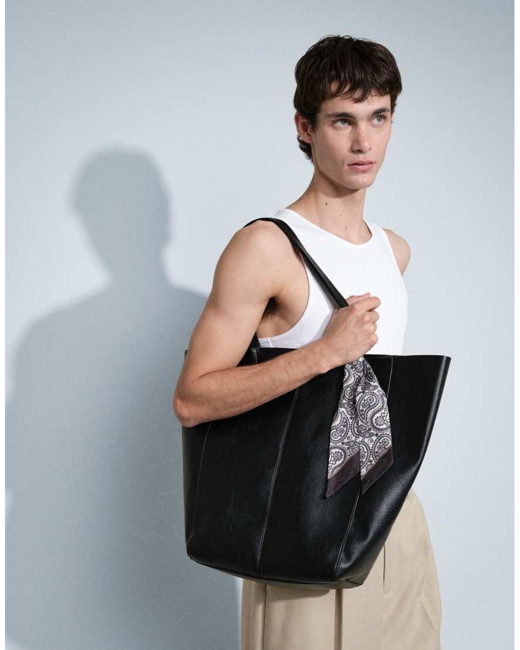 ASOS Black Faux Leather Tote Bag With Satin Paisley Scarf for men