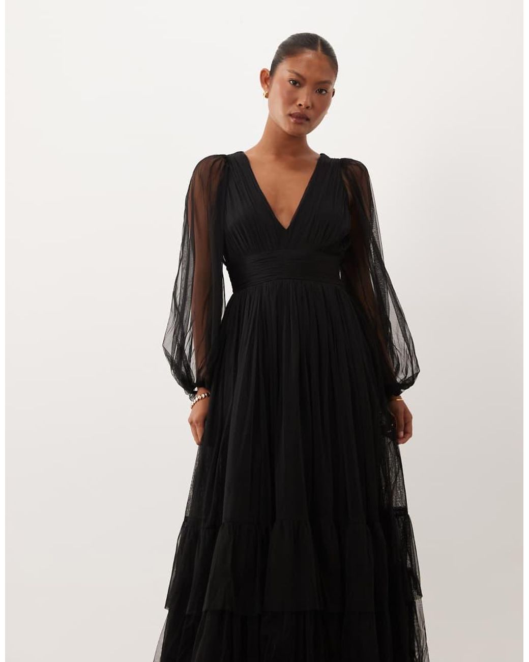 LACE & BEADS Black Bridesmaid Tulle Sheer Sleeve Plunge Neck Tiered Maxi Dress