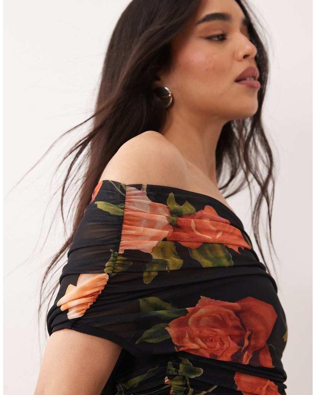 ASOS Black Draped Shoulder Mesh Mini Dress With Ruching