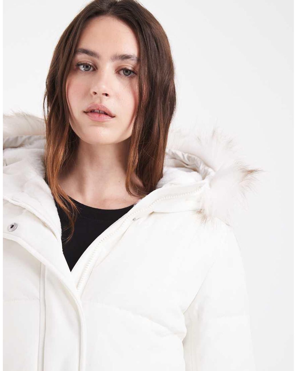 Hollister White Belted Puffer Jacket With Fur Hood