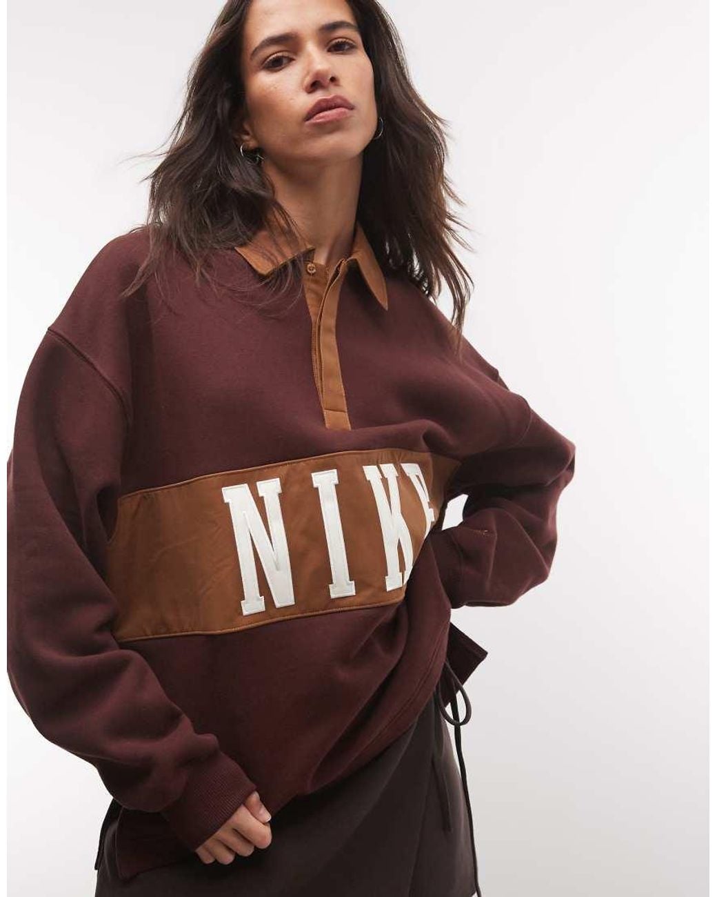 Nike Brown Studio Fleece Mid-Weight Oversized Rugby Sweat