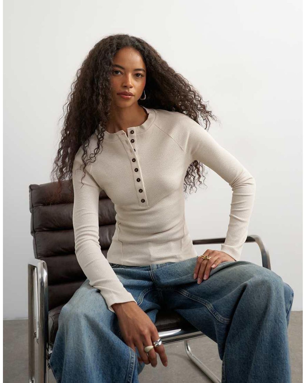 TOPSHOP White Ribbed Button Down Henley