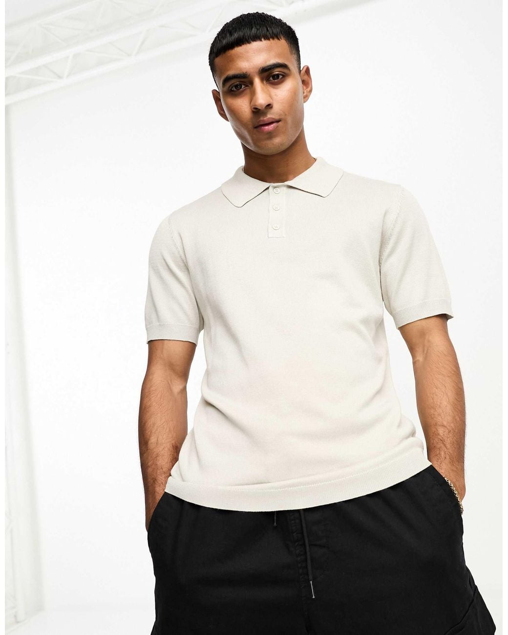 Only & Sons White Knitted Polo for men