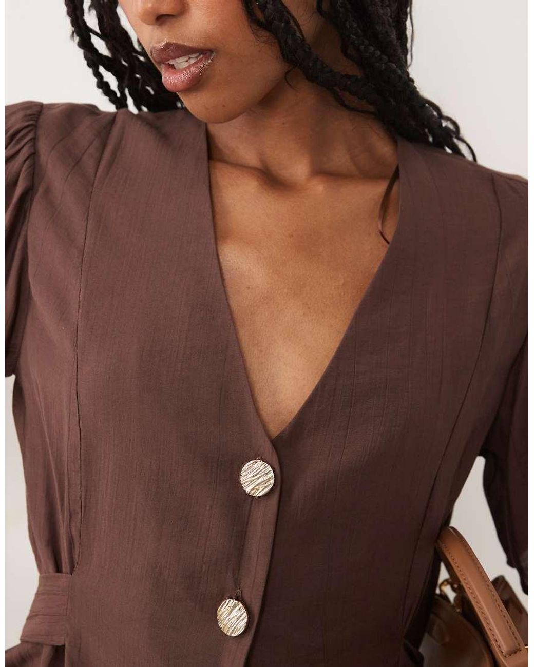 Threadbare Brown V-neck Blouse With Contrast Buttons