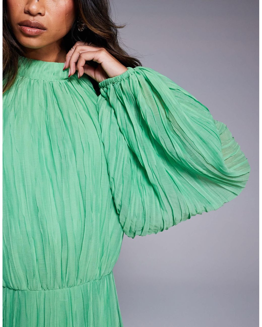 ASOS Crinkle Pleat Blouson Sleeve High Neck Maxi Dress in Green | Lyst