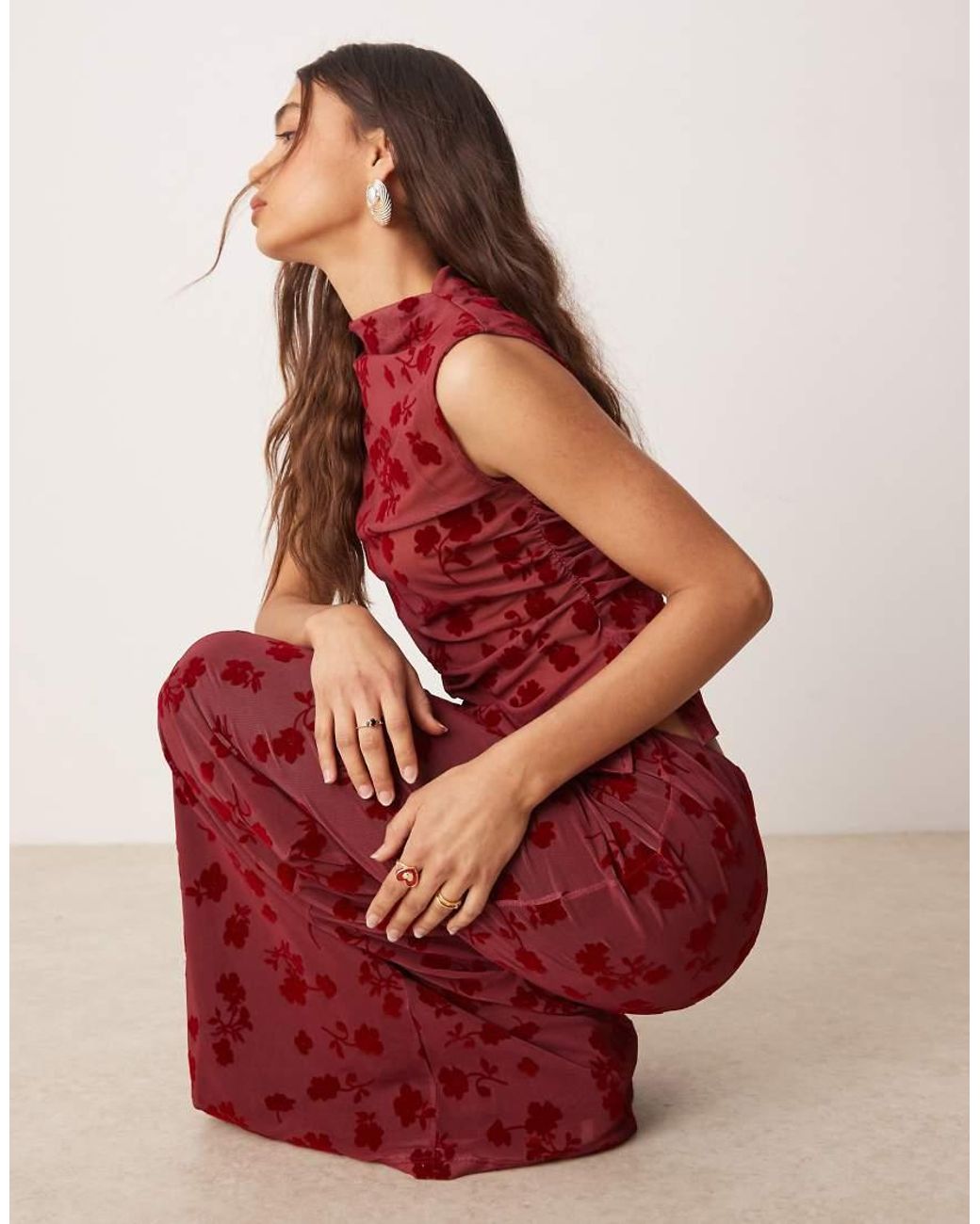 ASOS Red Flocked Mesh Low Rise Maxi Skirt