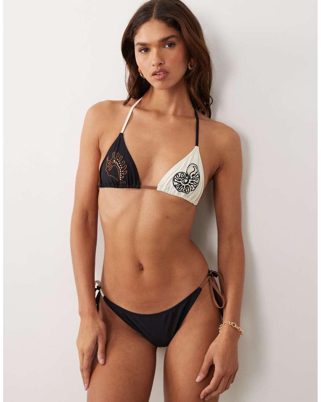 ASOS Brown Cornelia Rio Tie Side Bikini Bottom With Ruched Bum And Embroidery Detail