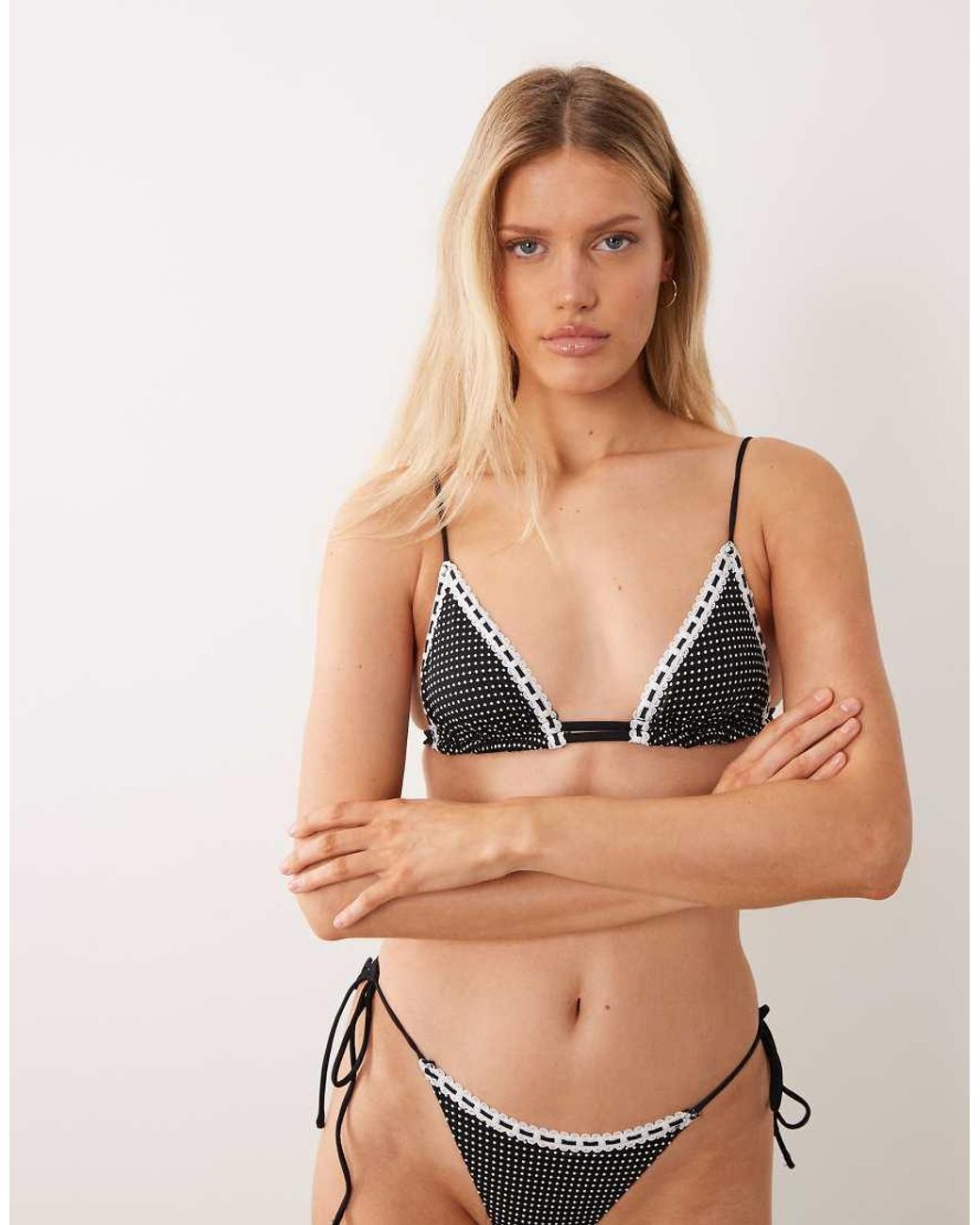 ASOS Black Lottie Triangle Bikini Top With White Lace Trim