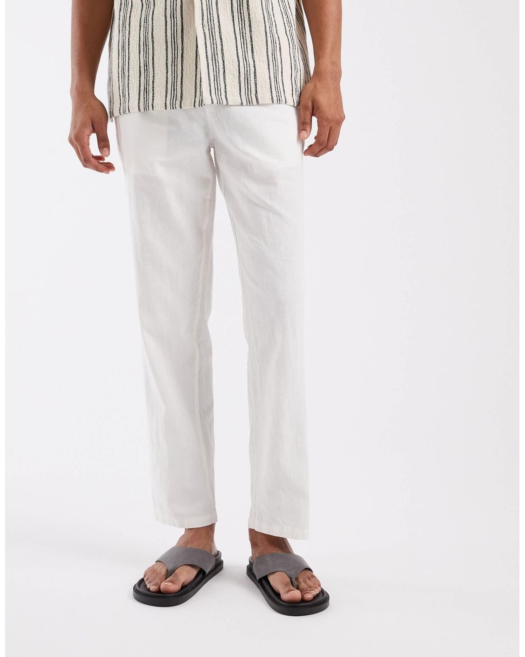 Blend White Cotton-linen Drawstring Waist Regular Fit Trousers for men