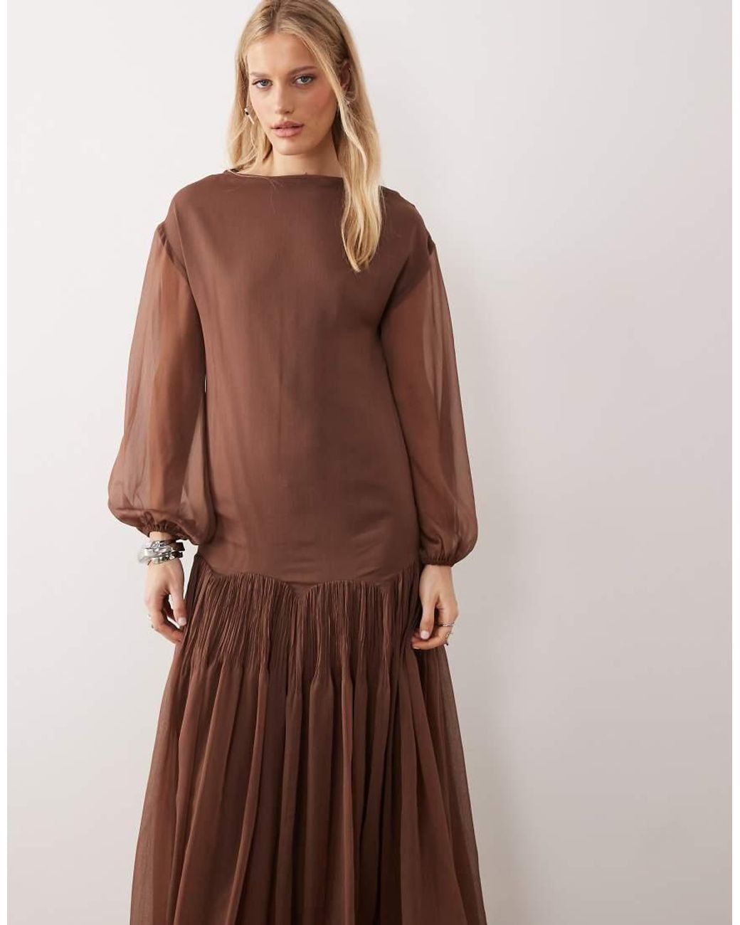 ASOS Brown Slash Neck Chiffon Godet Maxi Dress