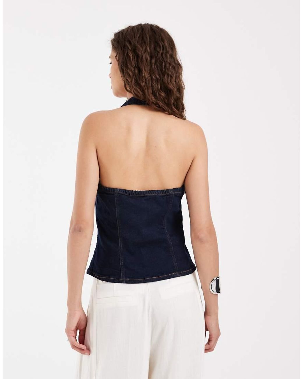 Pieces Blue Halterneck Button Front Denim Top