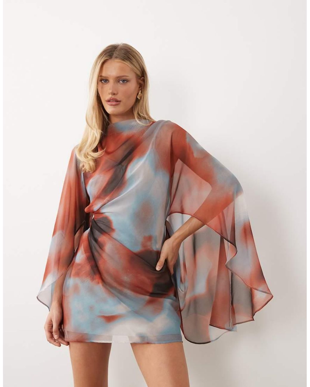 ASOS Multicolor High Neck Drape Front Extreme Cape Sleeve Mini Dress