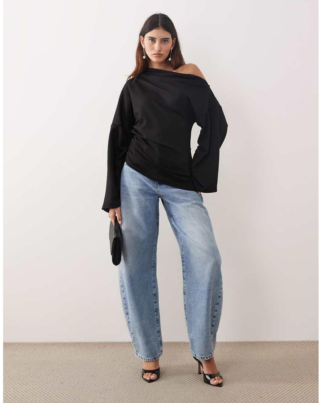 ARRANGE Black Jersey Off Shoulder Long Sleeve Top With Ruched Hem