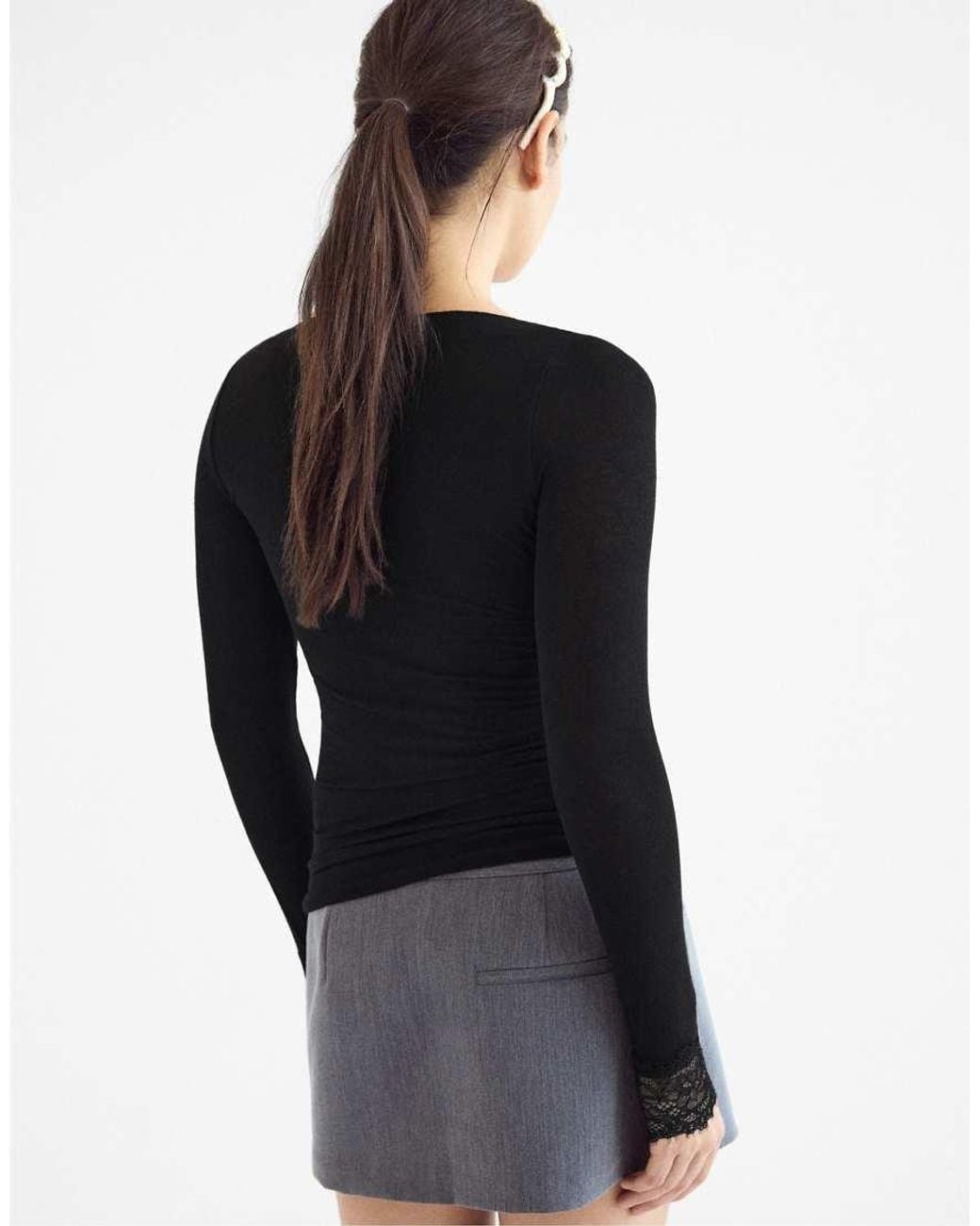Stradivarius Black Cashmere Blend Long Sleeve V-Neck T-Shirt