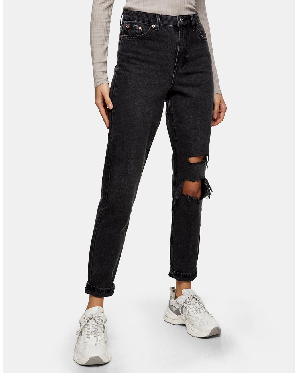 TOPSHOP Denim Mom Jeans With Rips in 