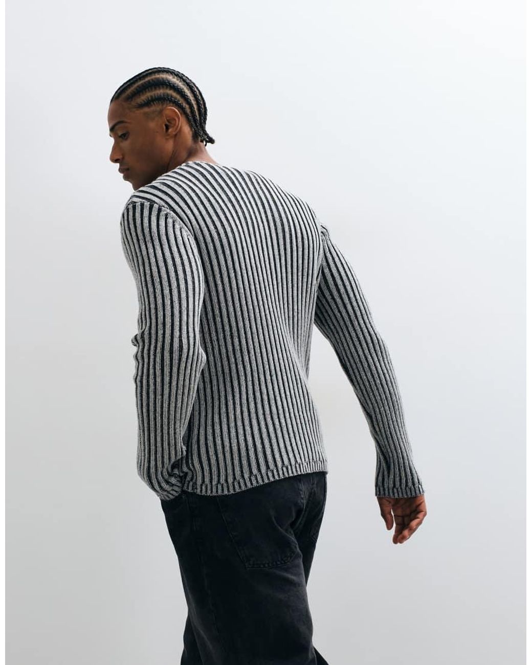 Collusion Gray Plated Faded Wash Fitted Crew Neck Sweater for men