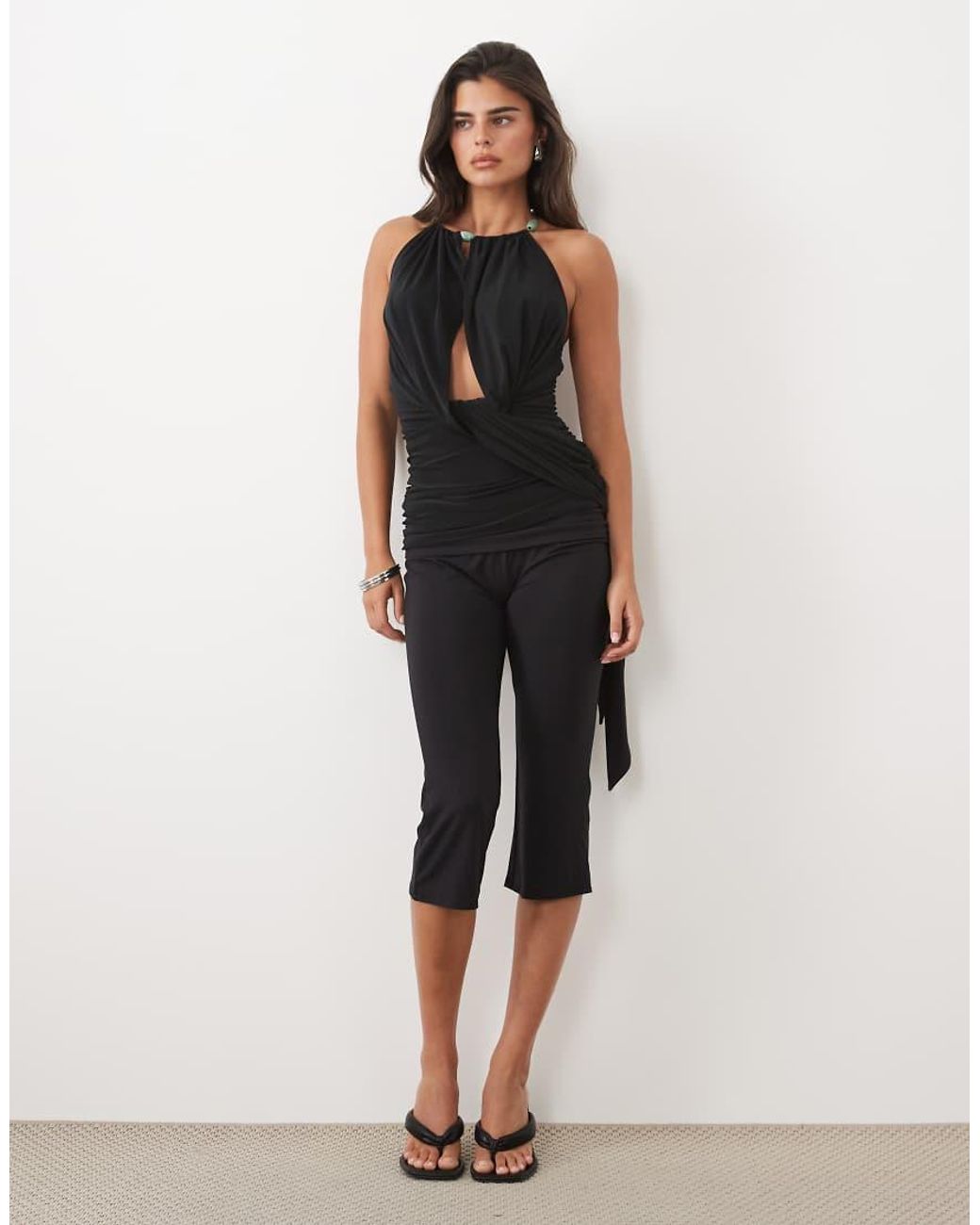 ASOS Black Slinky Hardware Gem Detail Plunge Top