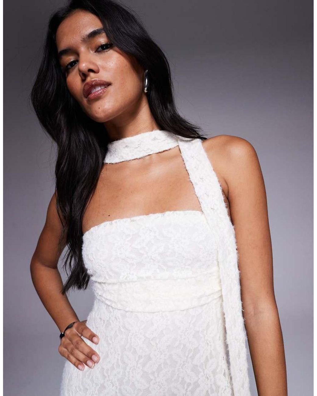 The Frolic Purple Exclusive Lace Ruched Bust Detail Bandeau Flippy Hem Mini Dress With Scarf Detail
