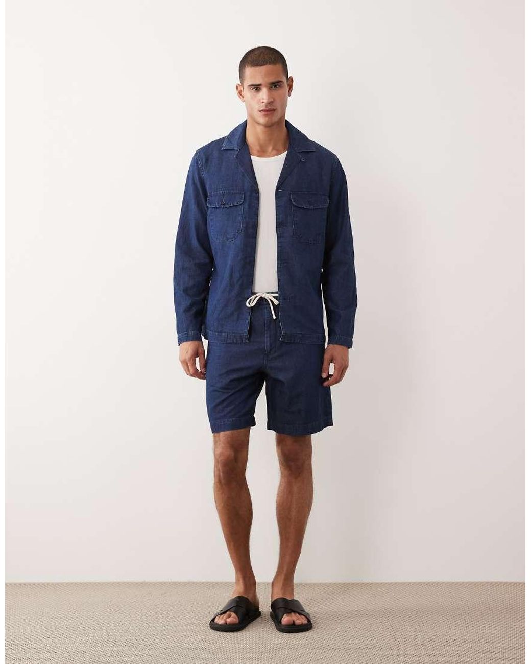 Mango Blue Cotton Mix Denim Look Relaxed Fit Shorts for men