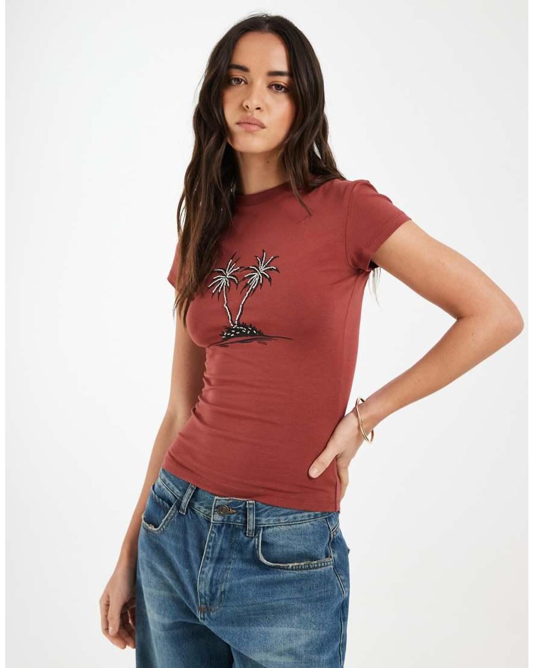 ASOS Red Baby Tee With Beaded Palm Tree Graphic