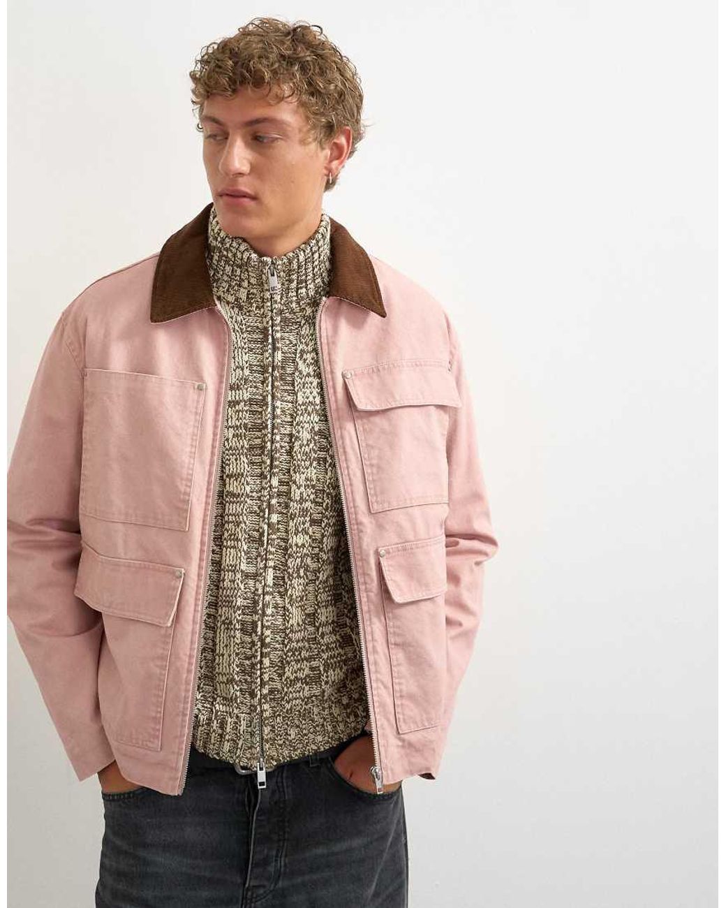Topman Pink Relaxed Fit Crop Barn Jacket With Cord Collar for men