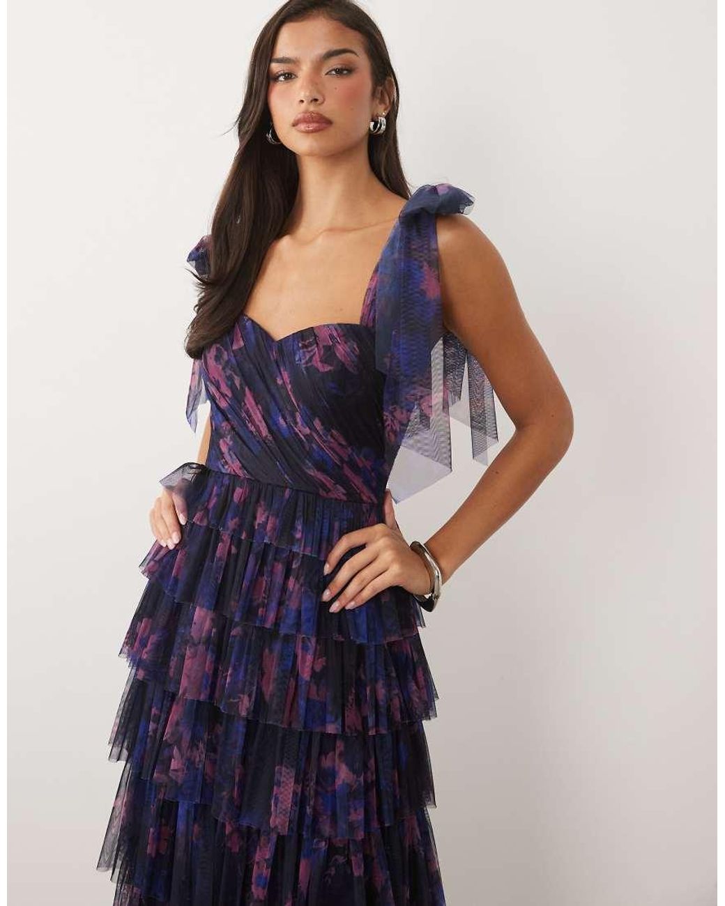 LACE & BEADS Blue Bridesmaid Tulle Bow Shoulder Maxi Dress