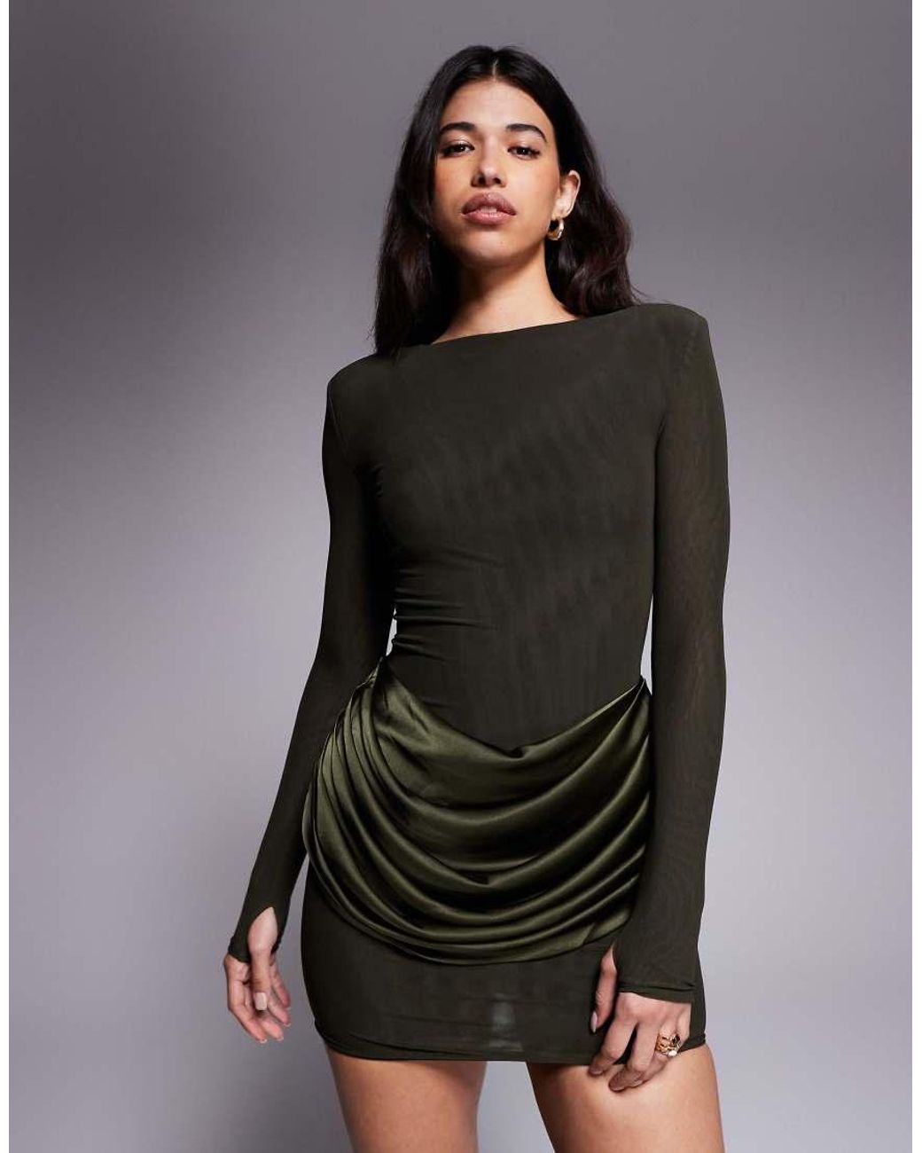 Wanderdoll Black Storm Sculpting Shoulder Pad Detailing Satin Drape Waist Mini Dress