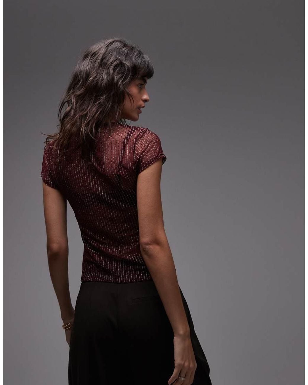 ASOS Brown Semi Sheer Metallic Stripe Longline Baby Tee