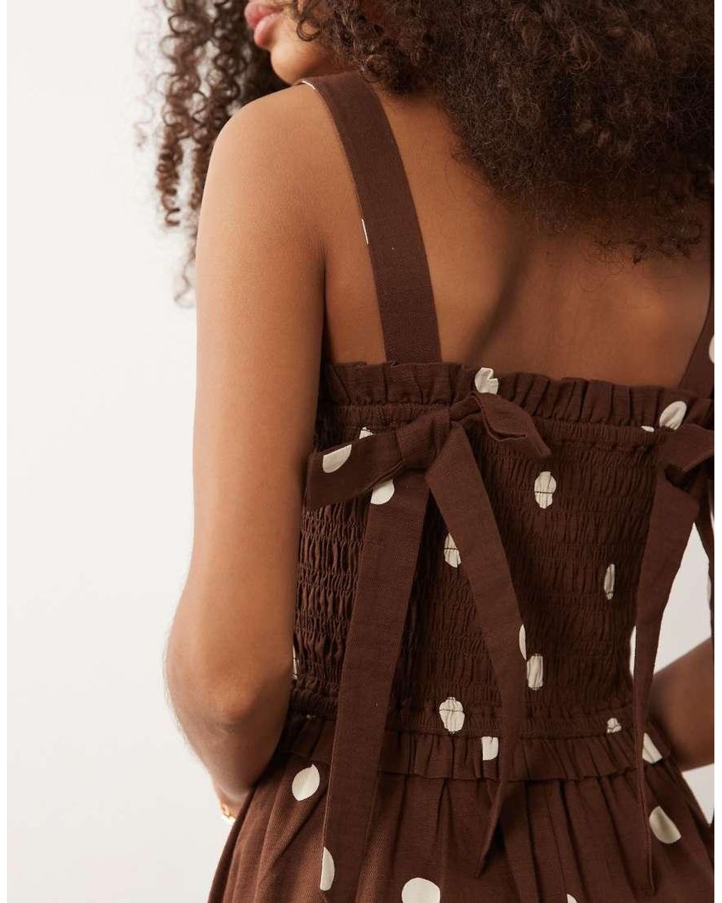 New Look Brown Polka Dot Shirred Tie Back Midi Dress