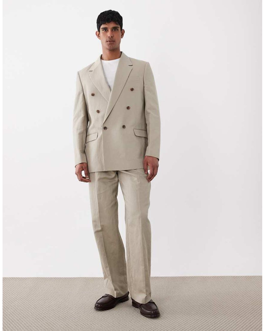 ASOS Natural Relaxed Double Breasted Linen Rich Suit Jacket for men